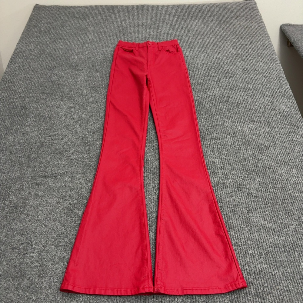 Edikted Pants Womens S Red Polyester Coated Flare High Waisted Streetwear Edgy